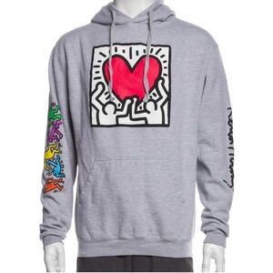 Keith Haring Gray Graphic Hoodie Large Heart Art Pullover Sweatshirt